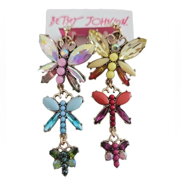 BETSEY JOHNSON Love Fest Colorful Butterfly Dragonfly Linear Dangle Earrings NWT - Picture 1 of 3